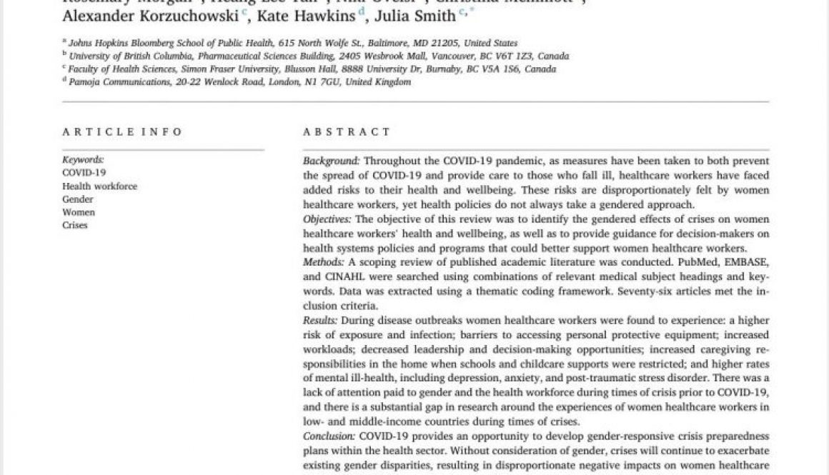 Women healthcare workers’ experiences during COVID-19 and other crises: A scoping review