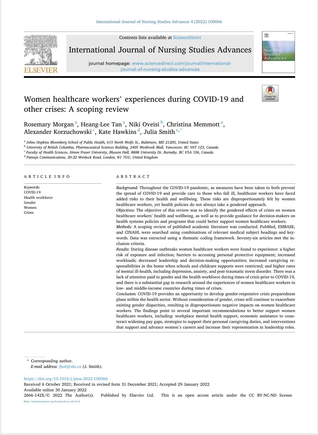 Women healthcare workers’ experiences during COVID-19 and other crises: A scoping review