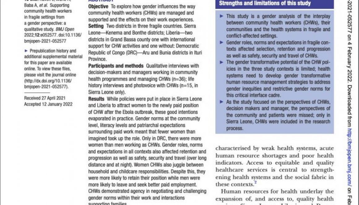 Supporting community health workers in fragile settings from a gender perspective: a qualitative study