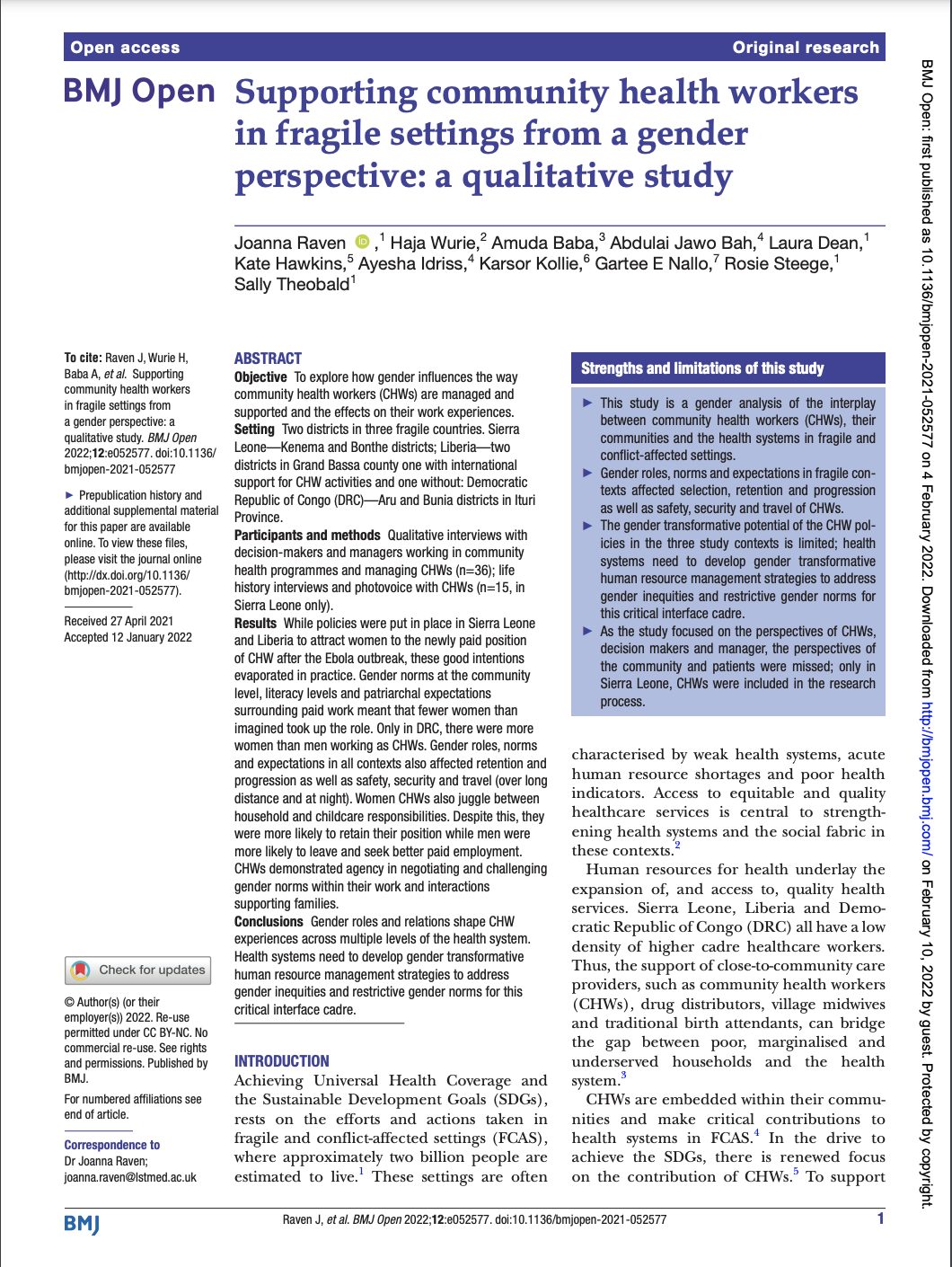 Supporting community health workers in fragile settings from a gender perspective: a qualitative study