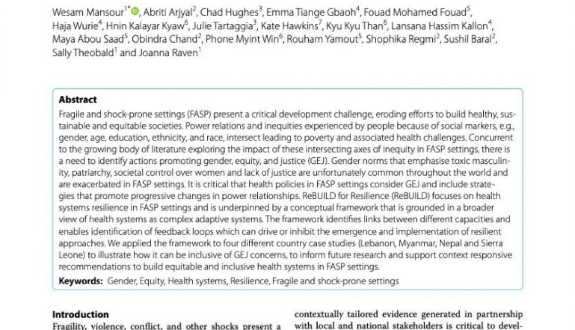 Health systems resilience in fragile and shock-prone settings through the prism of gender equity and justice: implications for research, policy and practice