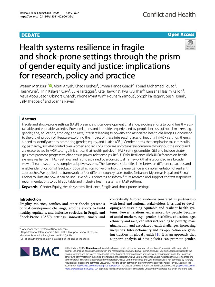 Health systems resilience in fragile and shock-prone settings through the prism of gender equity and justice: implications for research, policy and practice