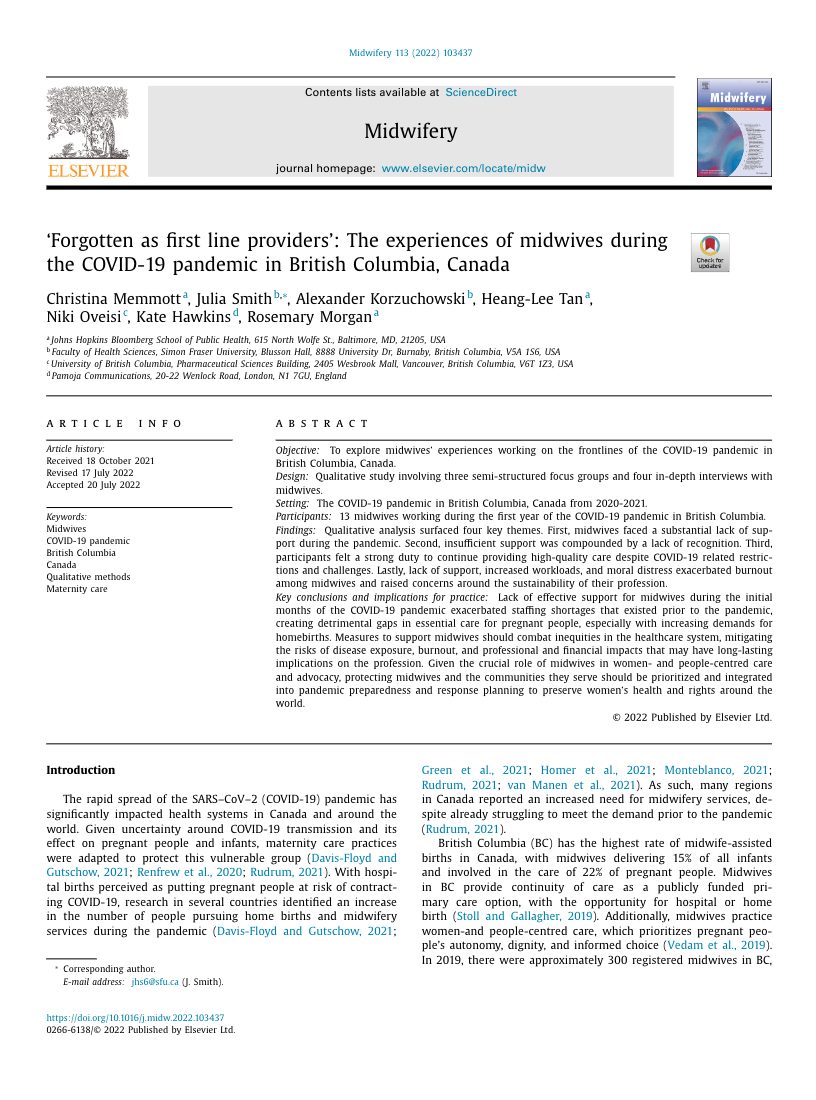 ‘Forgotten as first line providers’: The experiences of midwives during the COVID-19 pandemic in British Columbia, Canada